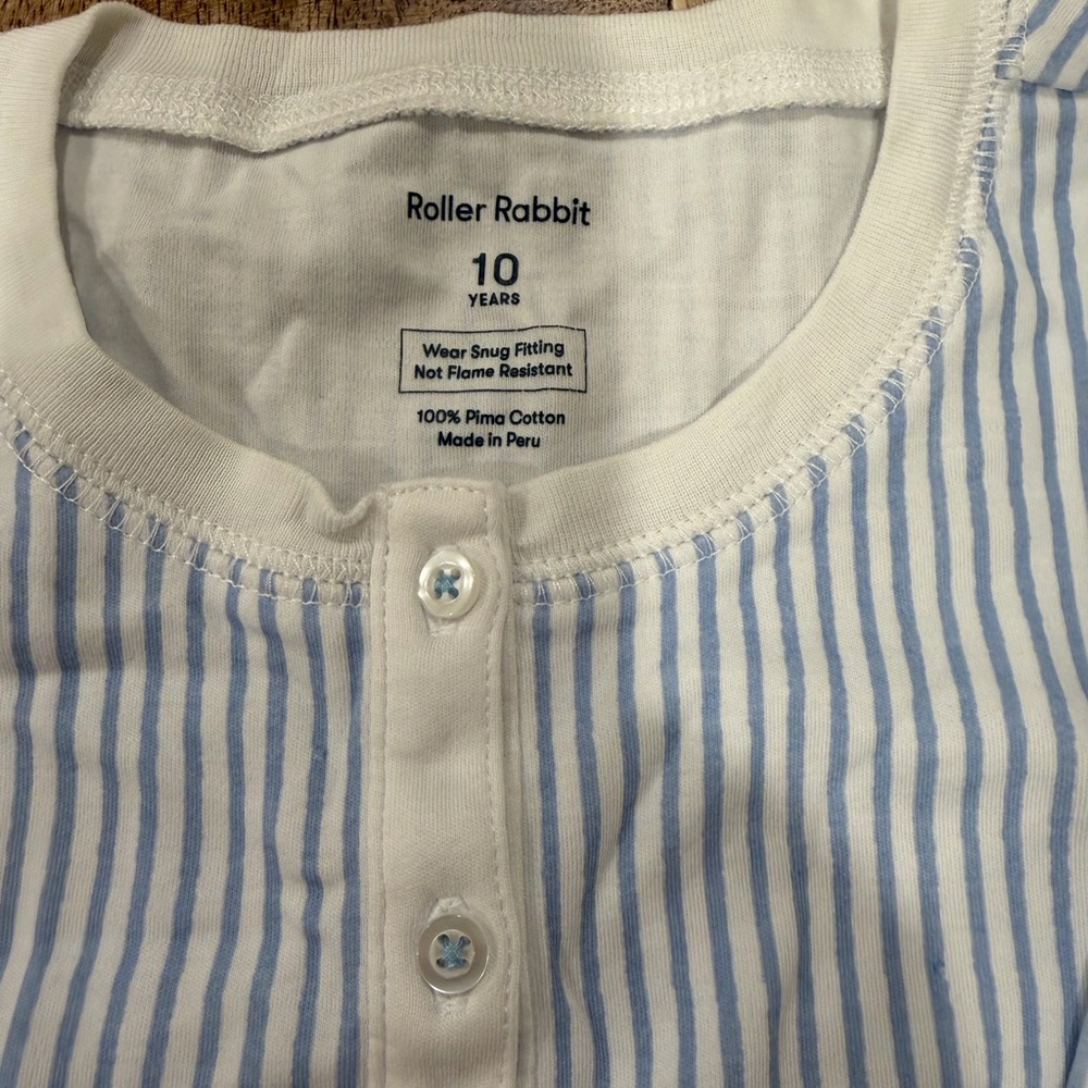 Roller Rabbit Light Blue and White stripe pajama set.